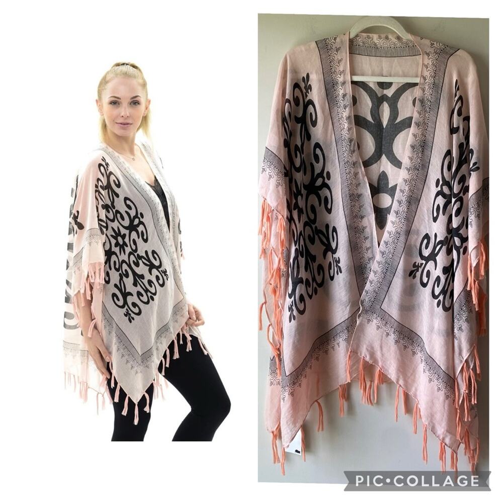 NWT Boho Kimono Coverup Fringe Open Front Lightweight Peach Black